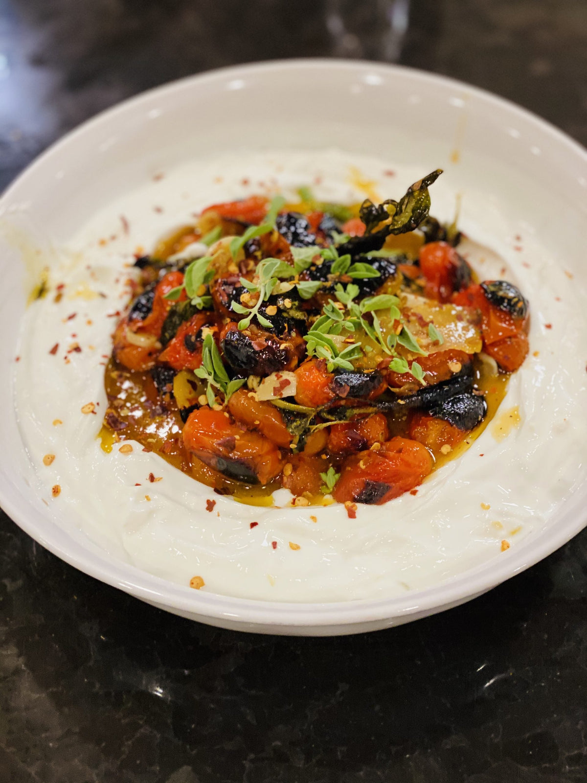 Charred Cherry Tomatoes With Cold Yogurt