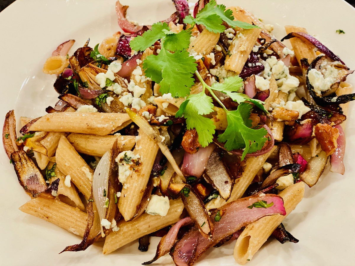 Penne with Roasted Onion, Gorgonzola, and Walnuts