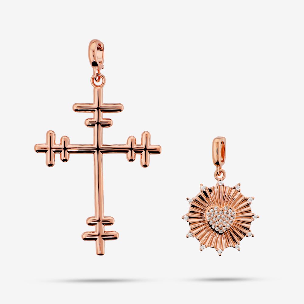 Italian Double Bar Cross And Heart Pendant Set