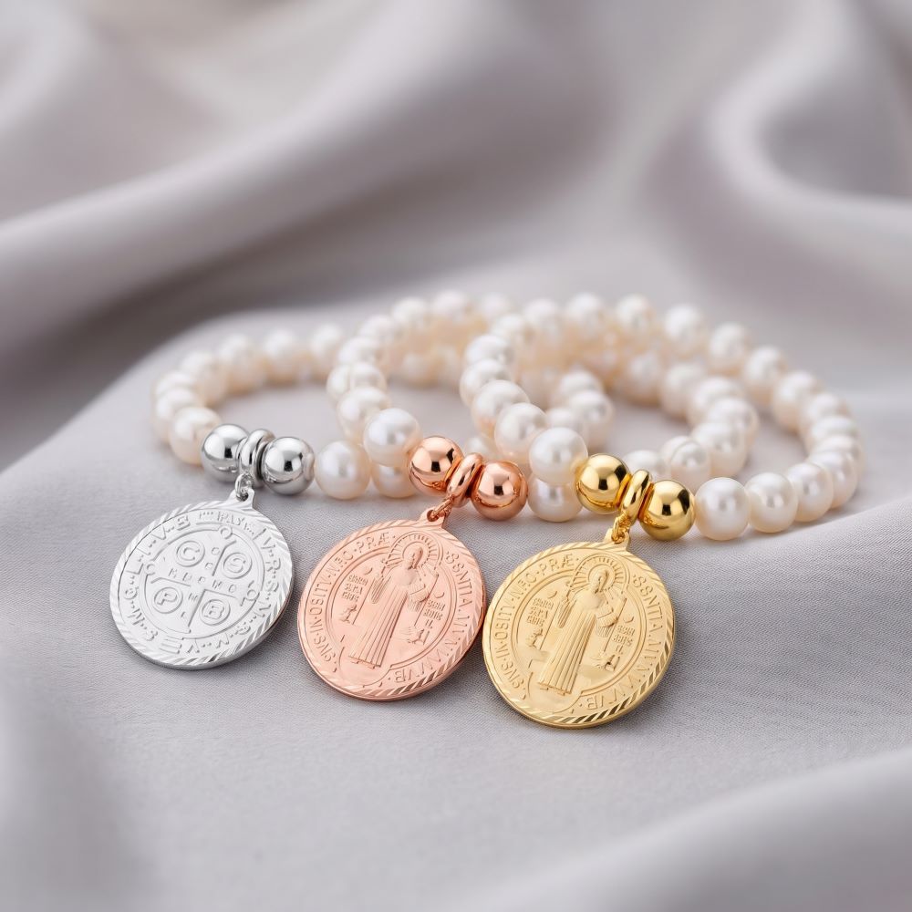 Italian Pearl And Bead Bracelet With Religious Coin Enhancer