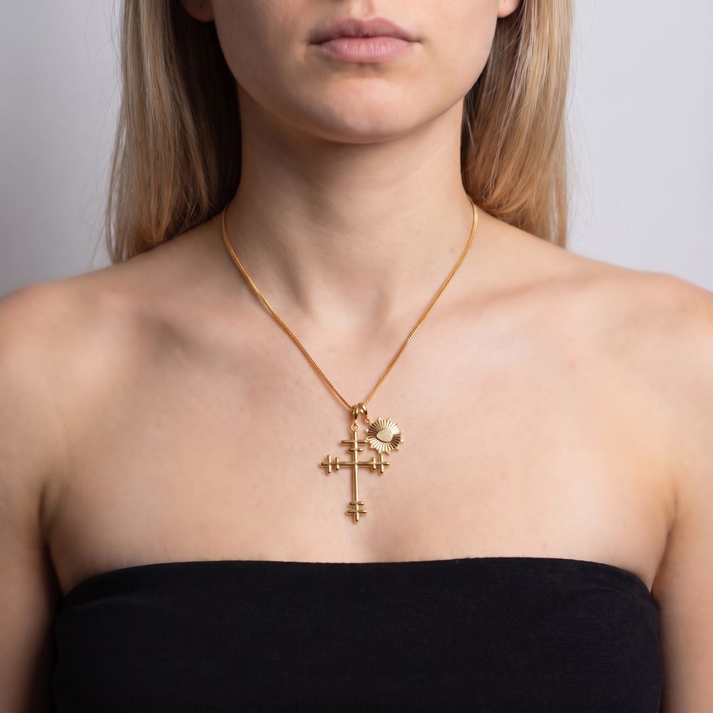 Italian Double Bar Cross And Heart Pendant Set