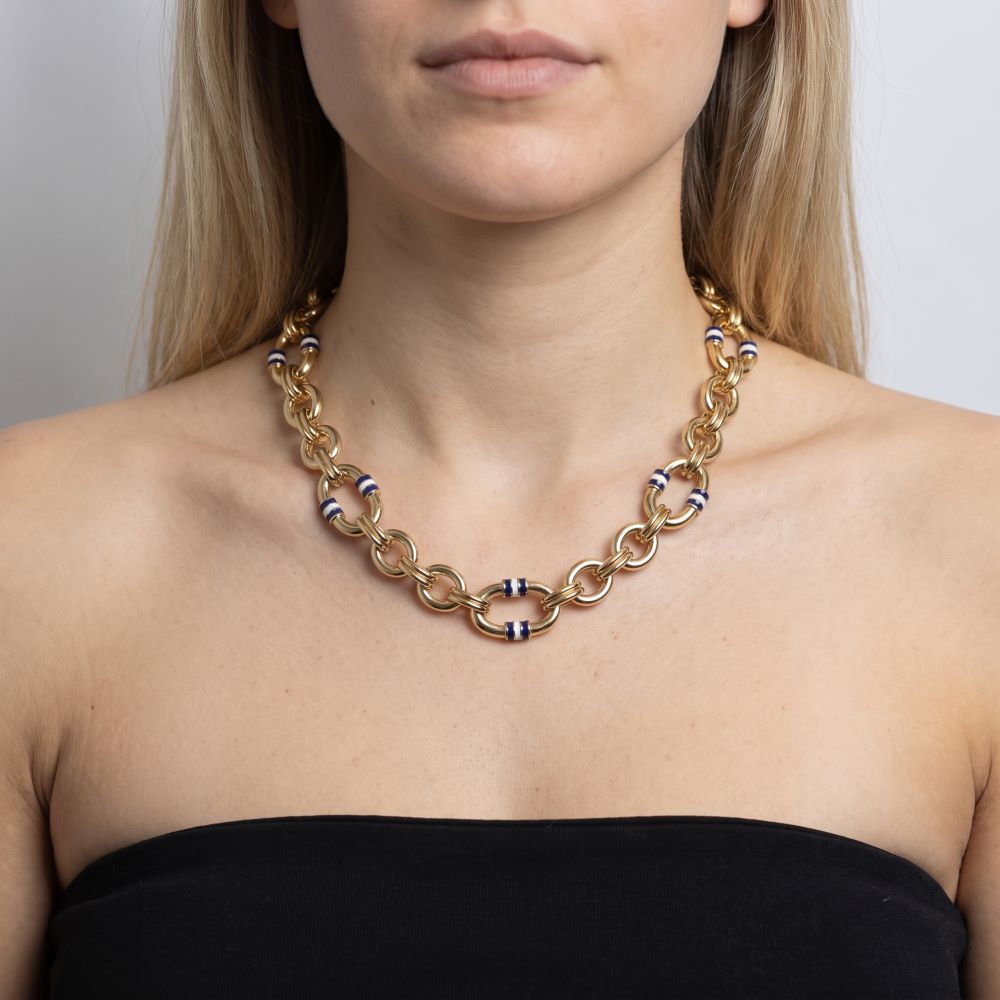 Italian Handmade Bespoke Status Link And Enamel Necklace, Yellow Gold