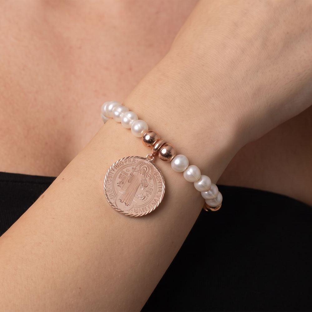 Italian Pearl And Bead Bracelet With Religious Coin Enhancer