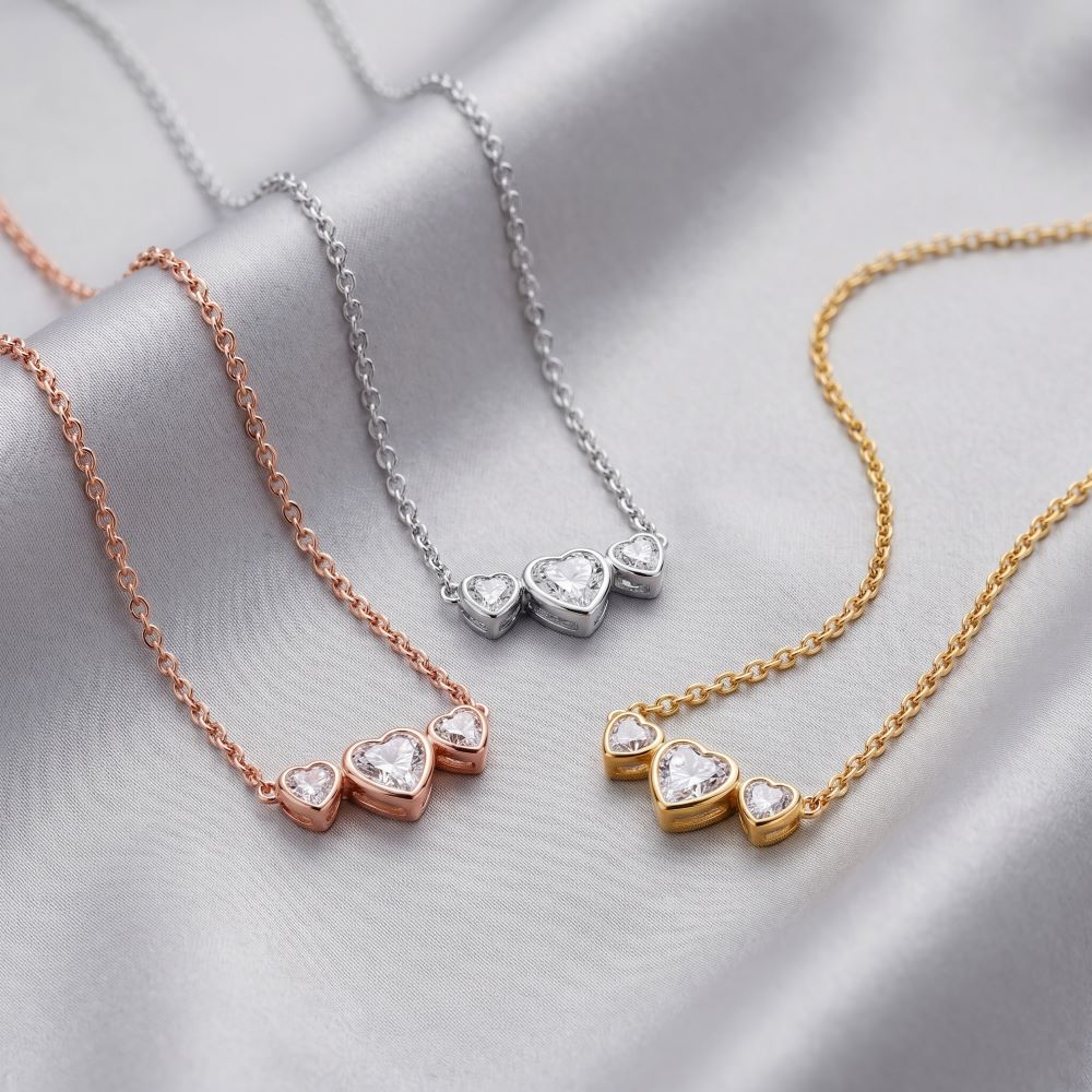 Italian Bezel Set Triple Heart Necklace