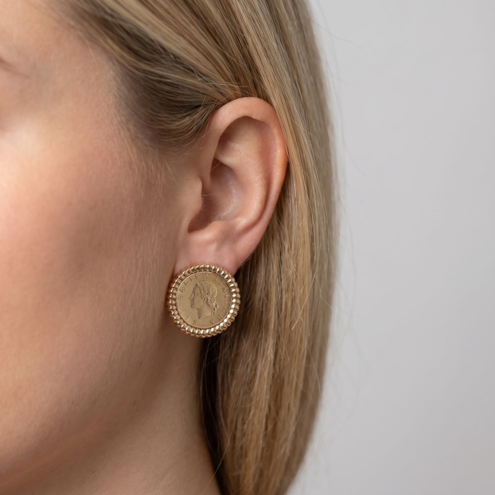Italian 20 Lire Framed Earrings, Yellow