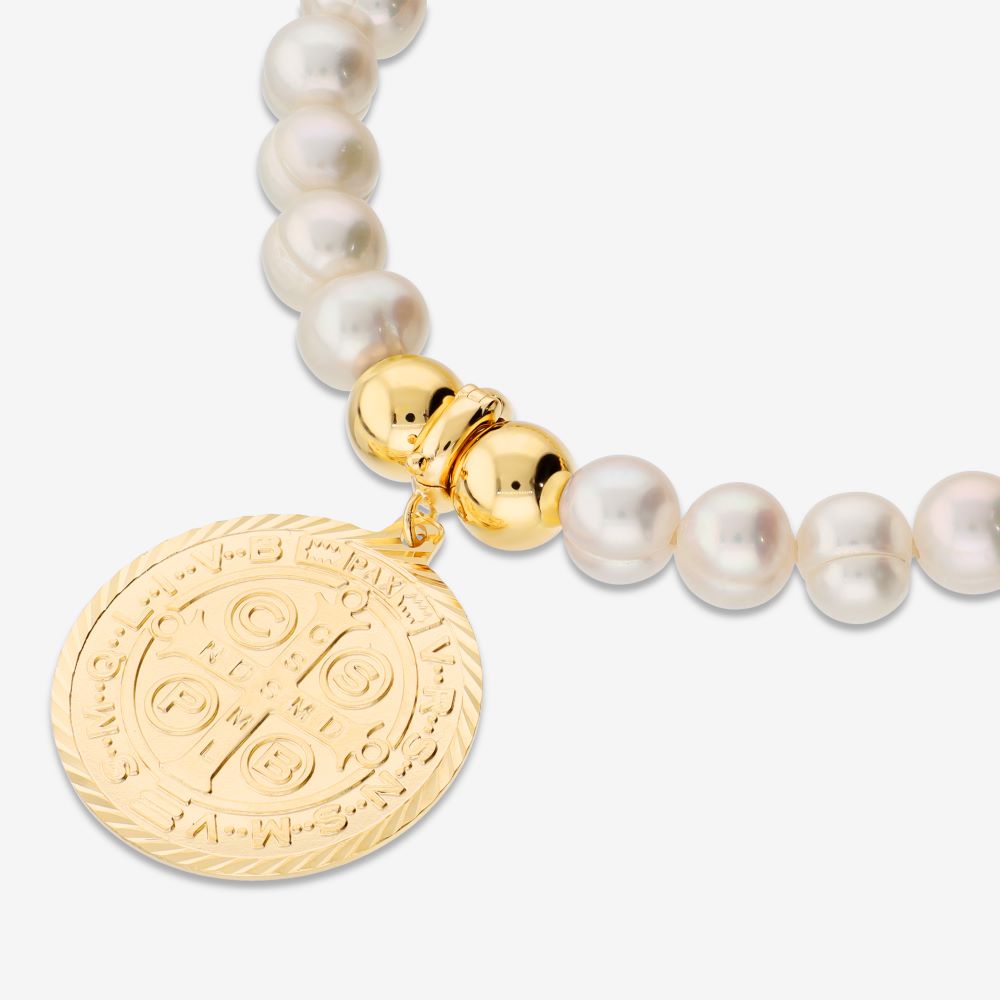 Italian Pearl And Bead Bracelet With Religious Coin Enhancer