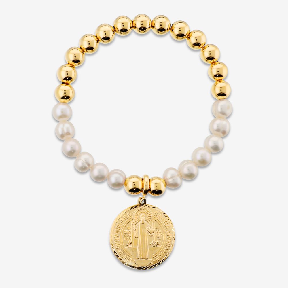 Italian Pearl And Bead Bracelet With Religious Coin Enhancer
