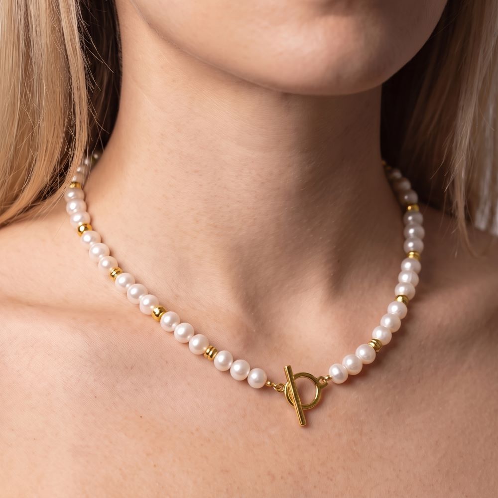 Italian Oval Pearl Necklace With T-Bar