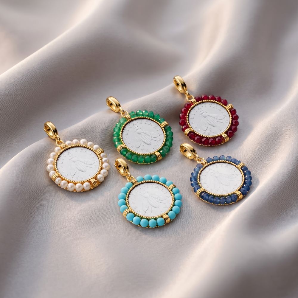 Italian Handmade Bee Lire Enhancer With Gemstone Frame, Yellow Gold