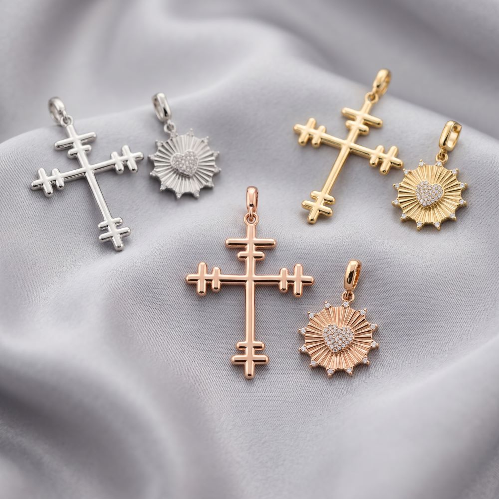 Italian Double Bar Cross And Heart Pendant Set
