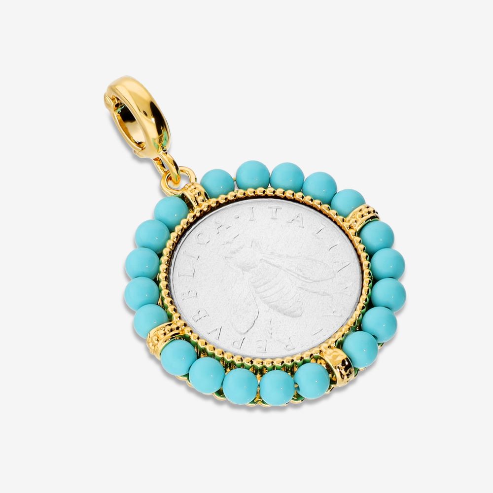 Italian Handmade Bee Lire Enhancer With Gemstone Frame, Yellow Gold