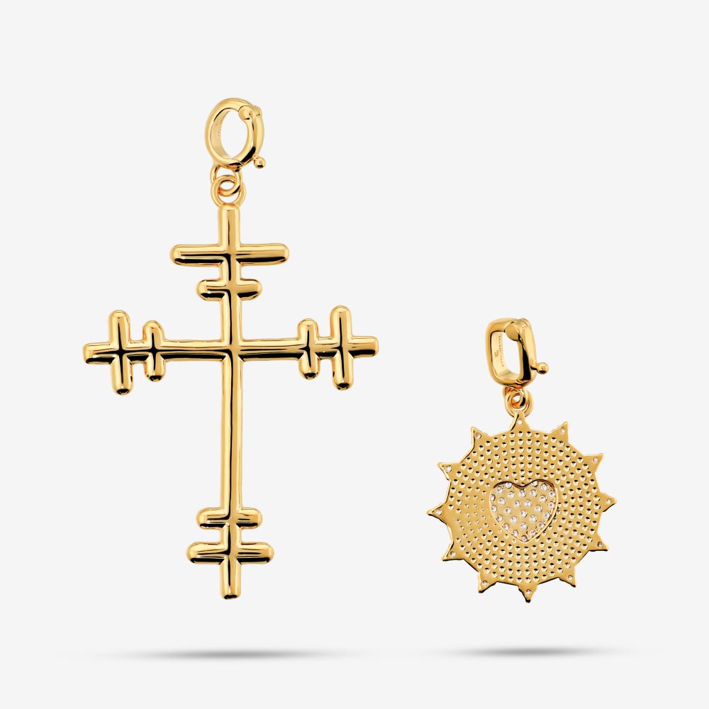 Italian Double Bar Cross And Heart Pendant Set