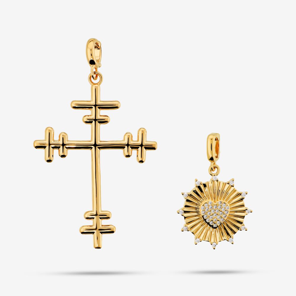 Italian Double Bar Cross And Heart Pendant Set