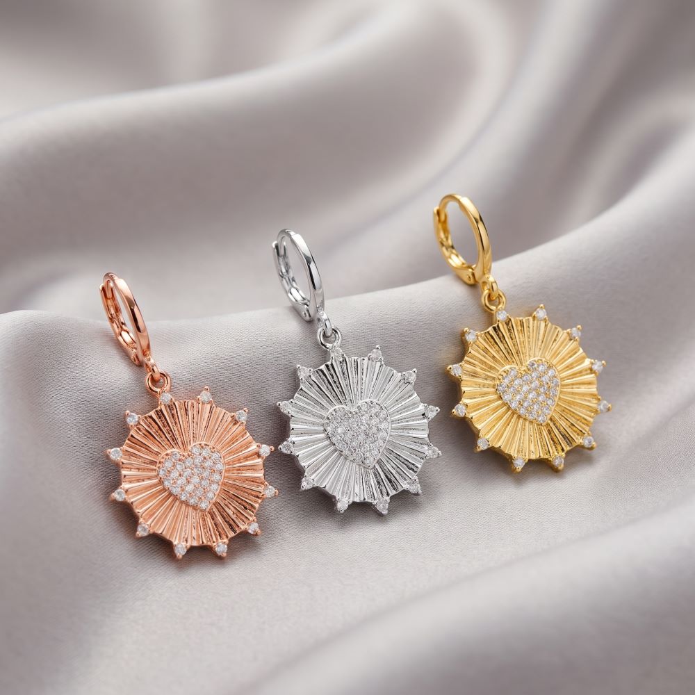 Italian Sunburst With Pave Heart Earrings
