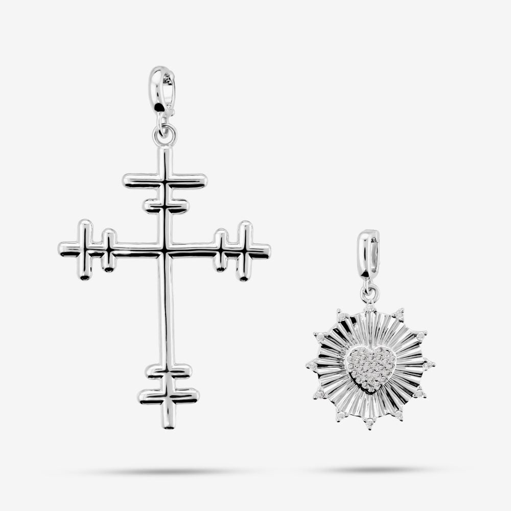 Italian Double Bar Cross And Heart Pendant Set