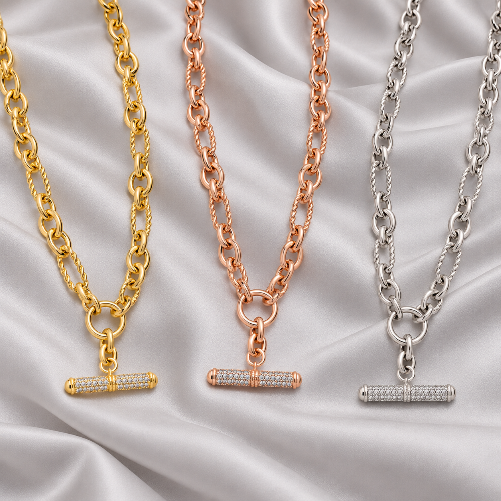Italian Status Textured Link Necklace with Pave T-Bar