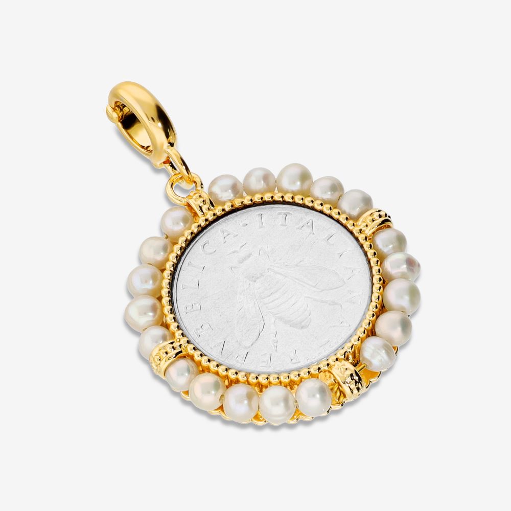Italian Handmade Bee Lire Enhancer With Gemstone Frame, Yellow Gold