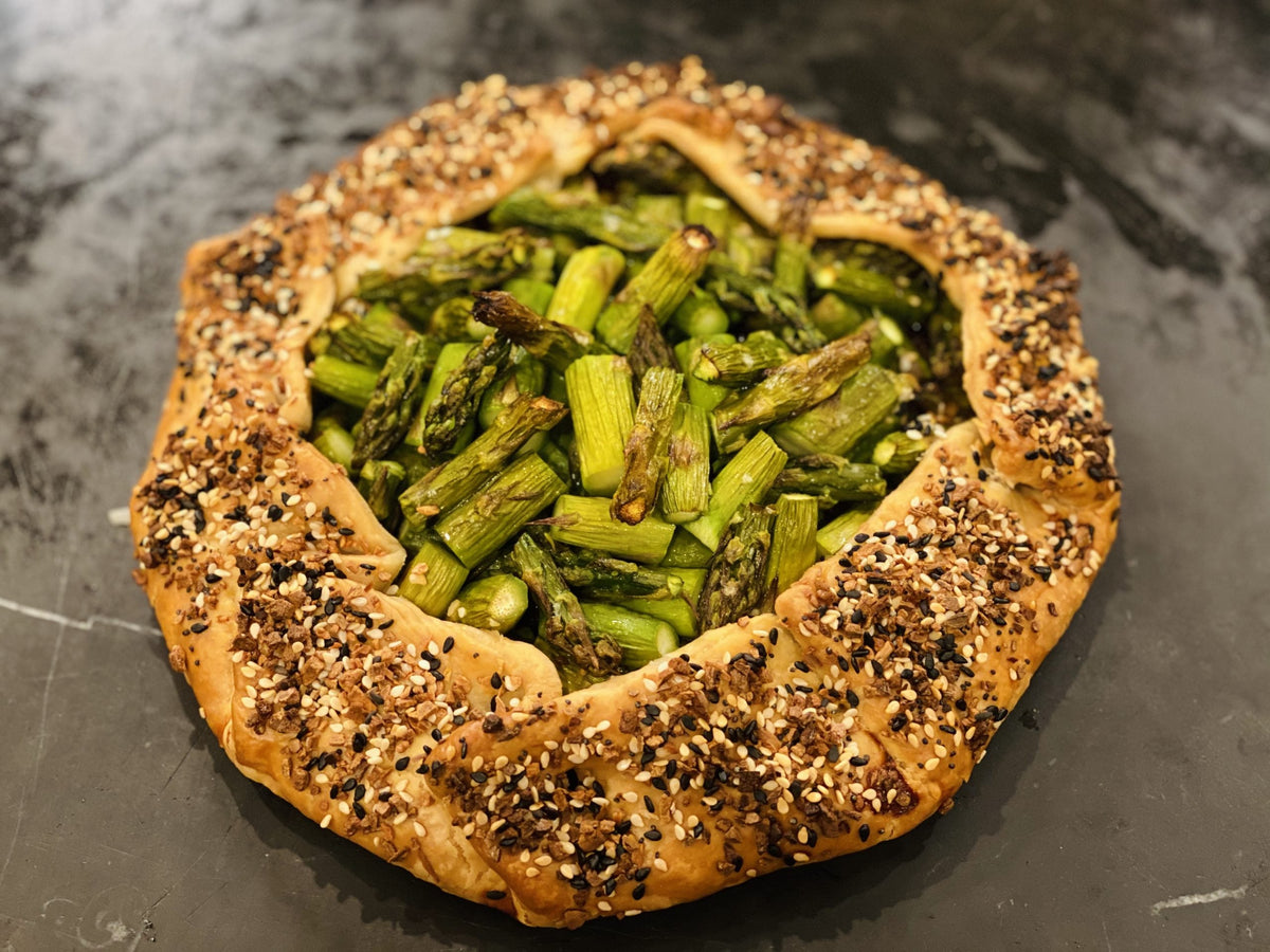 Savory Galette with Goat Cheese, Caramelized Onions and Asparagus