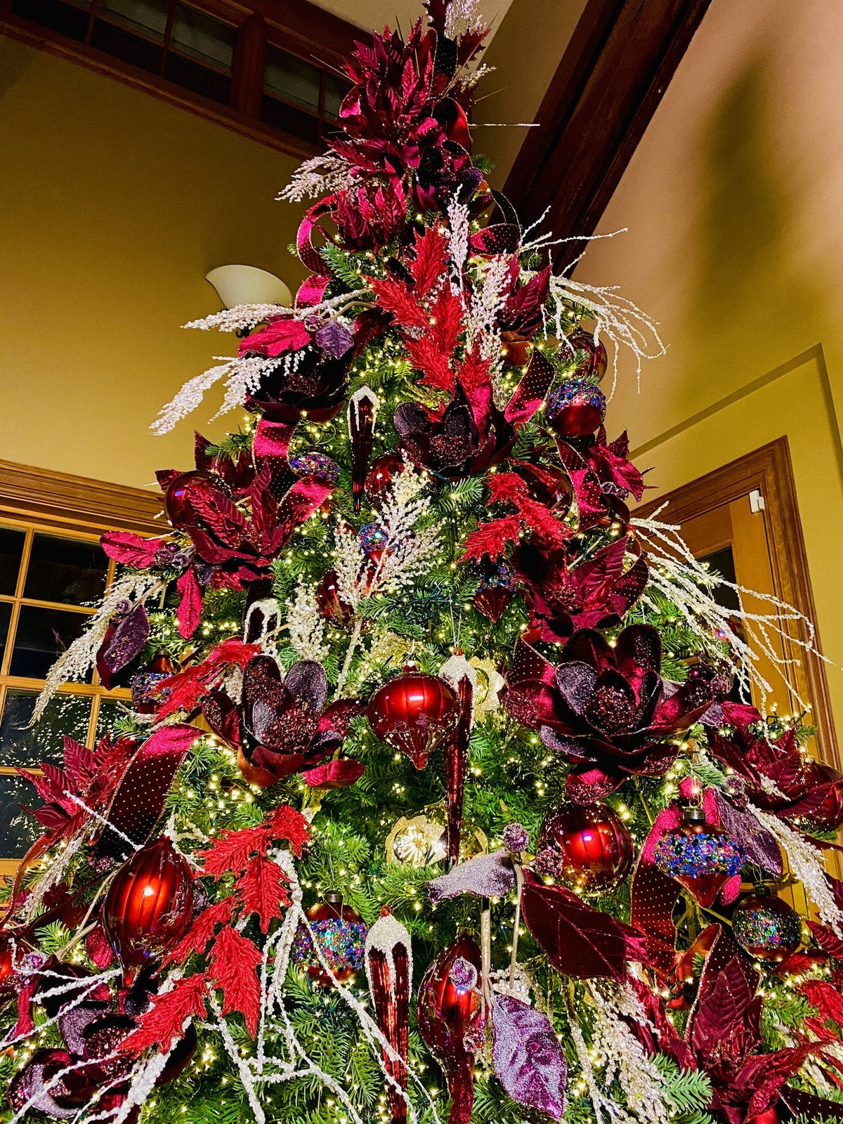 A Royal Burgundy, Red, and Champagne Christmas Tree