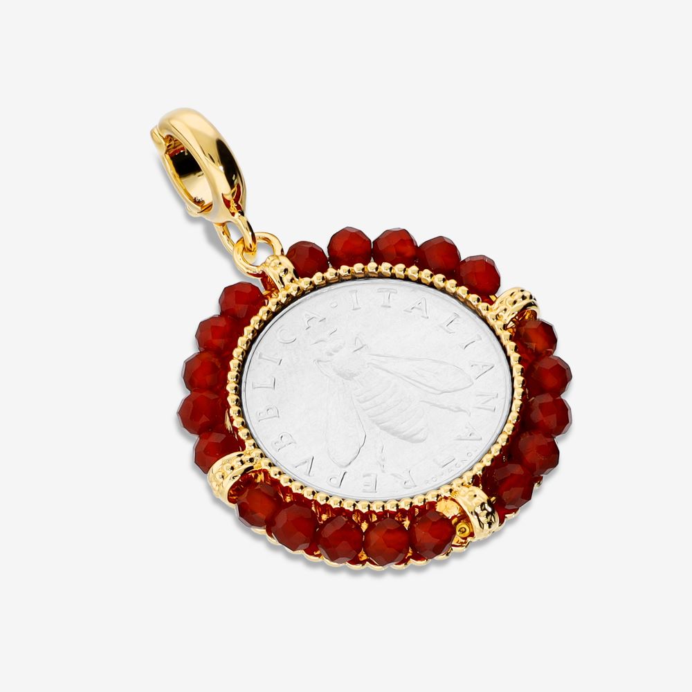 Italian Handmade Bee Lire Enhancer With Gemstone Frame, Yellow Gold