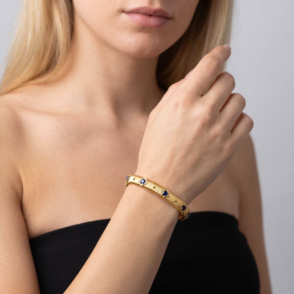 Italian Handmade Couture Texture Luxury Bangle With Stones, Yellow