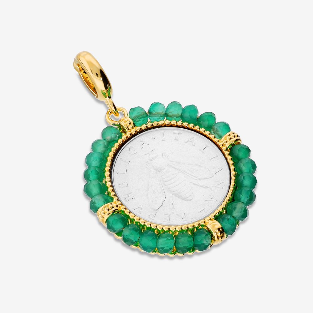 Italian Handmade Bee Lire Enhancer With Gemstone Frame, Yellow Gold