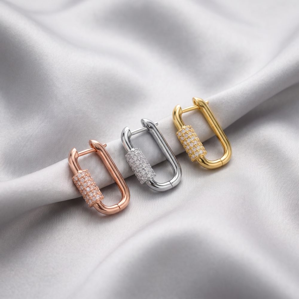 Italian Couture Inspired Carabiner Style Hoop Earrings with Pave'