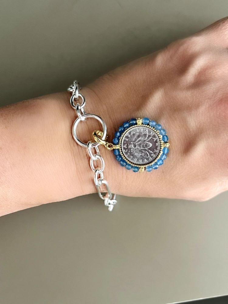 Italian Handmade Bee Lire Enhancer With Gemstone Frame, Yellow Gold
