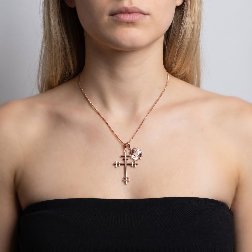 Italian Double Bar Cross And Heart Pendant Set