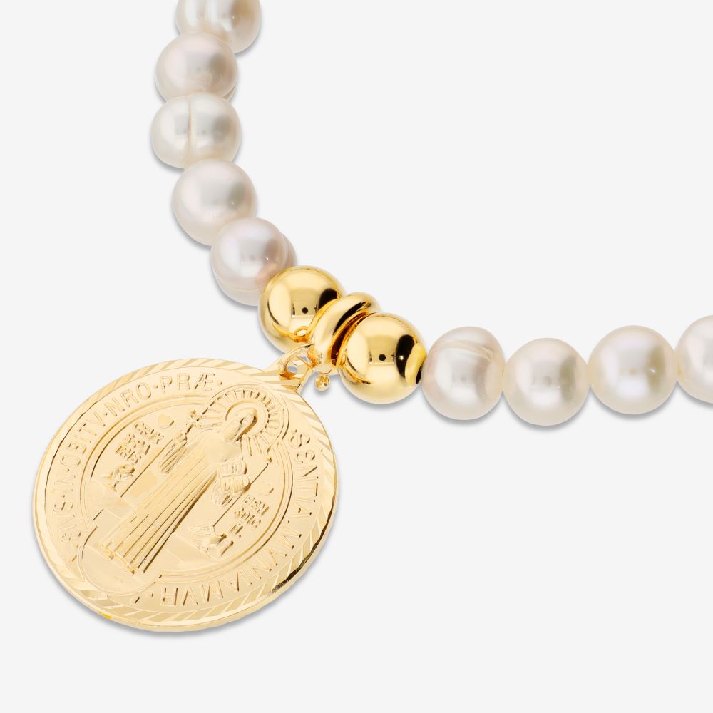 Italian Pearl And Bead Bracelet With Religious Coin Enhancer
