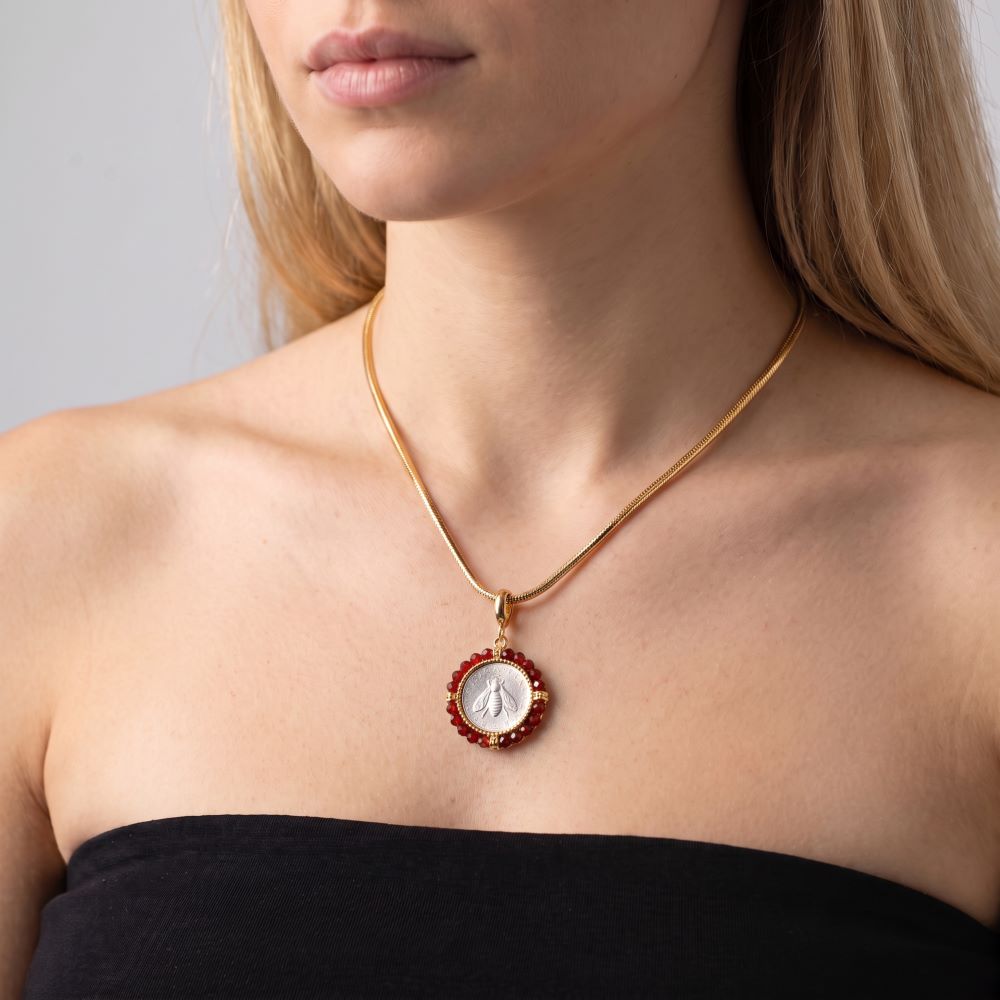 Italian Handmade Bee Lire Enhancer With Gemstone Frame, Yellow Gold