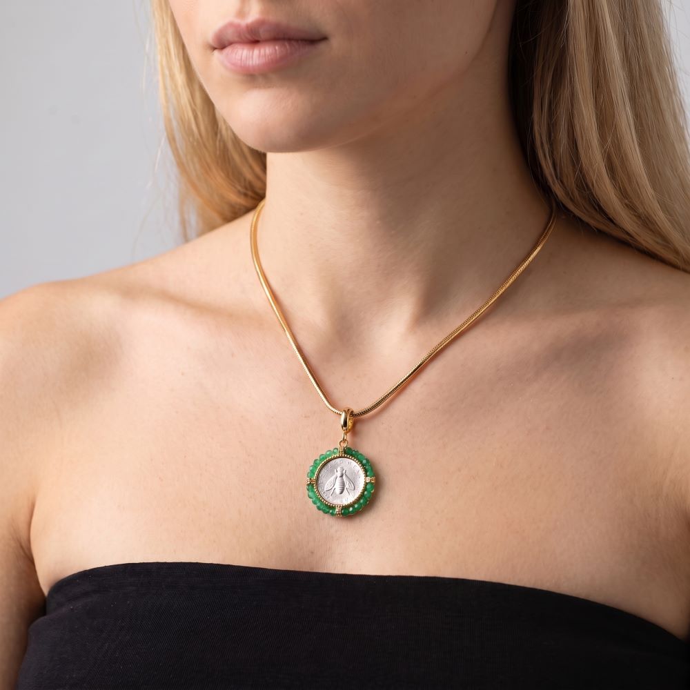 Italian Handmade Bee Lire Enhancer With Gemstone Frame, Yellow Gold