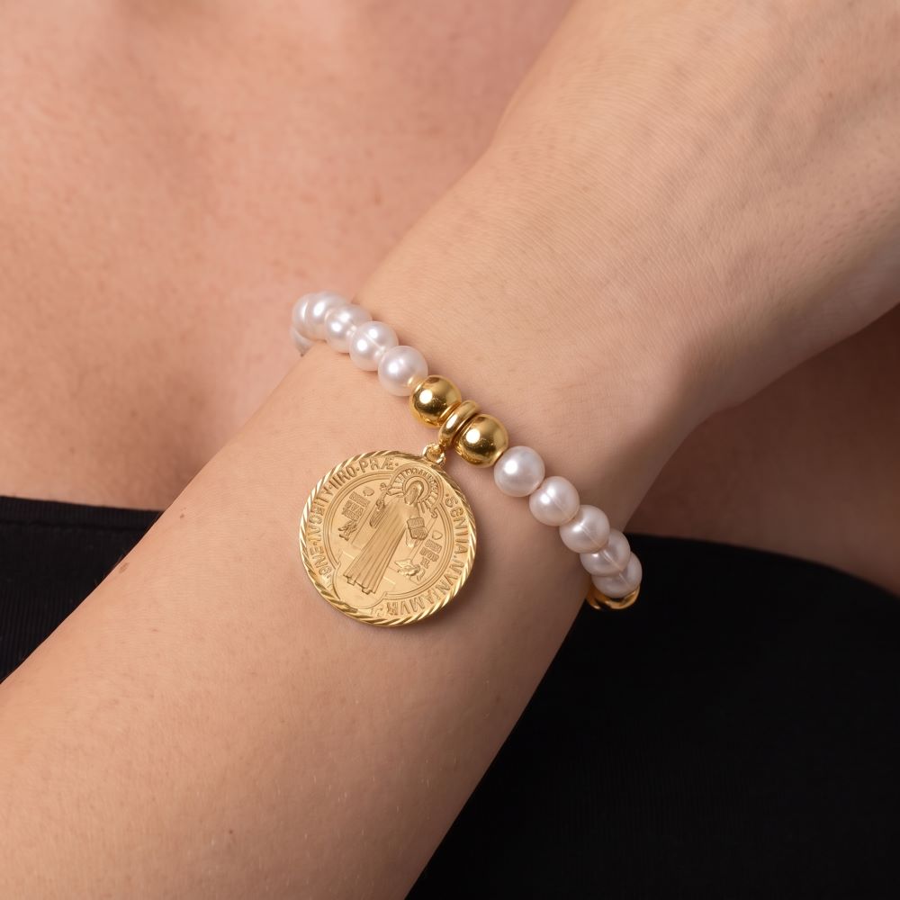 Italian Pearl And Bead Bracelet With Religious Coin Enhancer