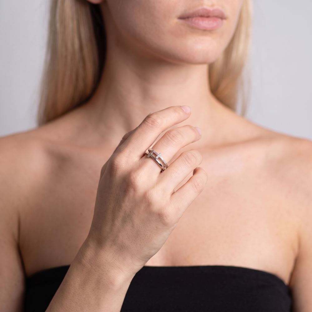 Italian Double Cross Pave And Polish Ring