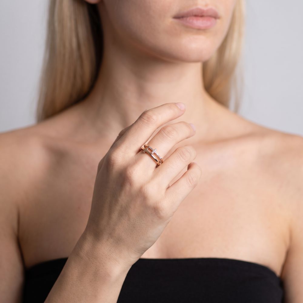 Italian Double Cross Pave And Polish Ring