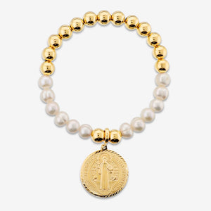 Italian Pearl And Bead Bracelet With Religious Coin Enhancer
