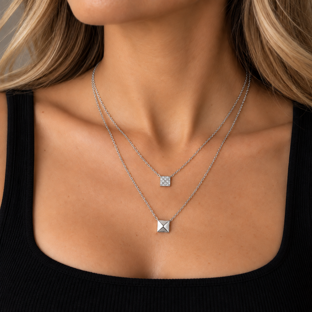 Italian Couture Inspired Pave' Double Strand Pyramid Necklace