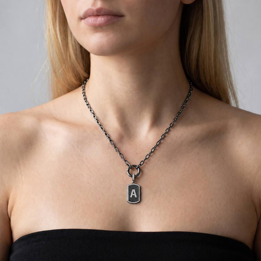 Italian Tag Style Initial Stone Enhancer, Black