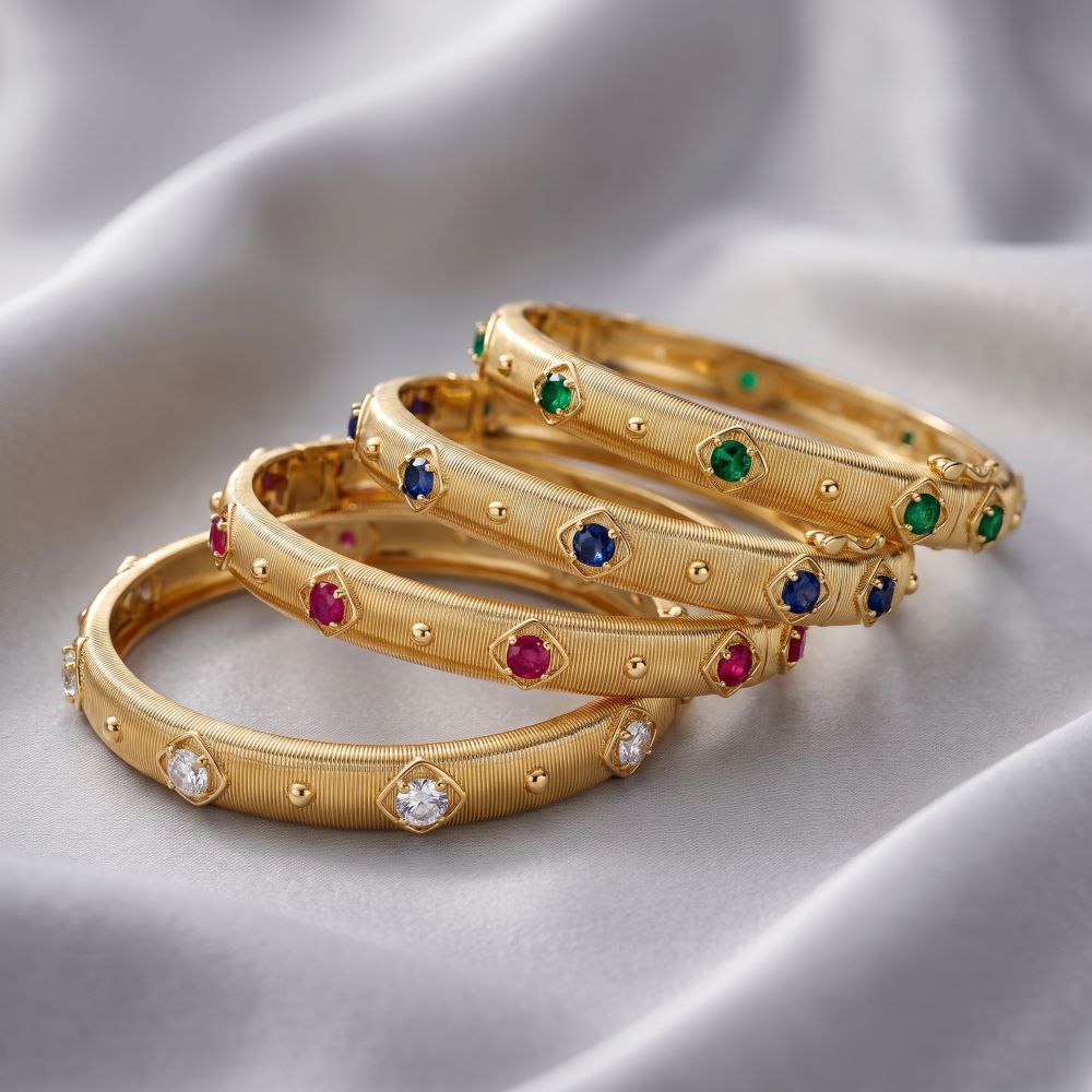 Italian Handmade Couture Texture Luxury Bangle With Stones, Yellow