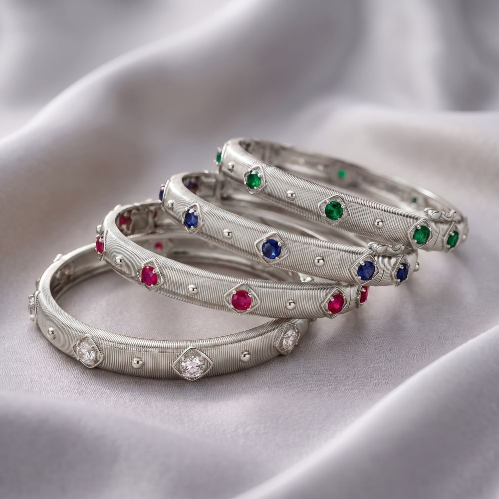 Italian Handmade Couture Texture Luxury Bangle With Stones, White