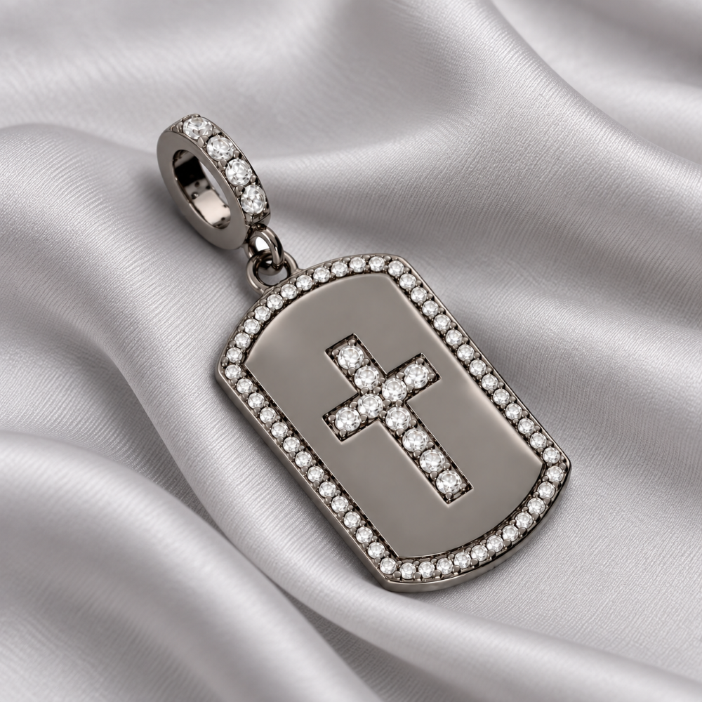 Italian Tag Style Stone Cross Enhancer Pendant, Black