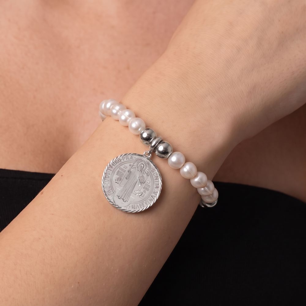 Italian Pearl And Bead Bracelet With Religious Coin Enhancer