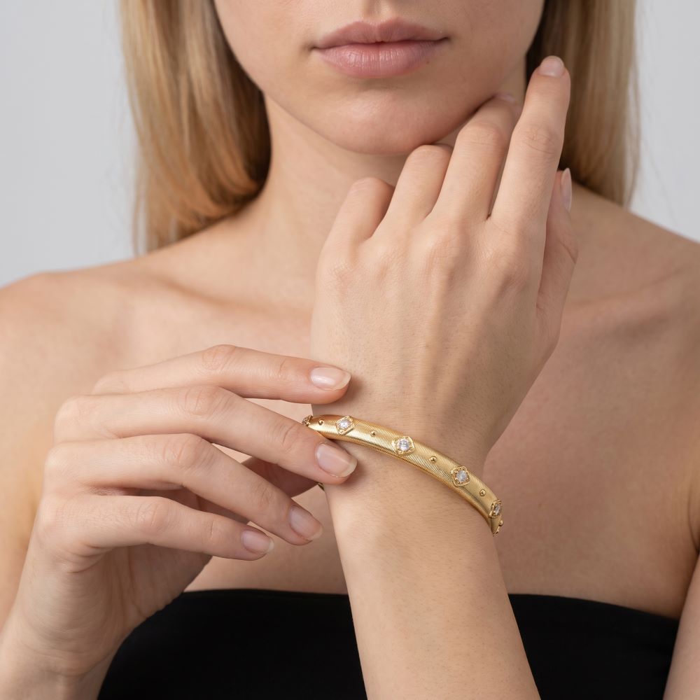 Italian Handmade Couture Texture Luxury Bangle With Stones, Yellow