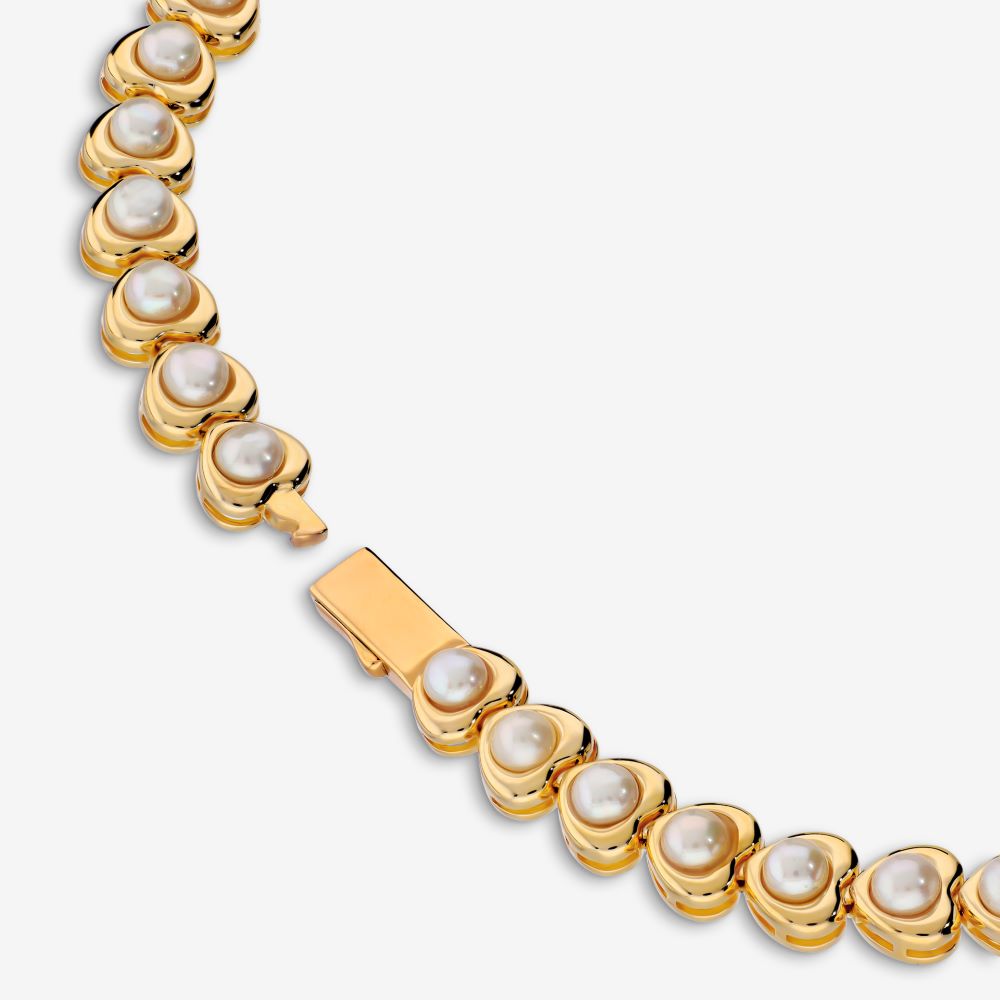 Italian Pearl Heart Tennis Bracelet, Yellow Gold