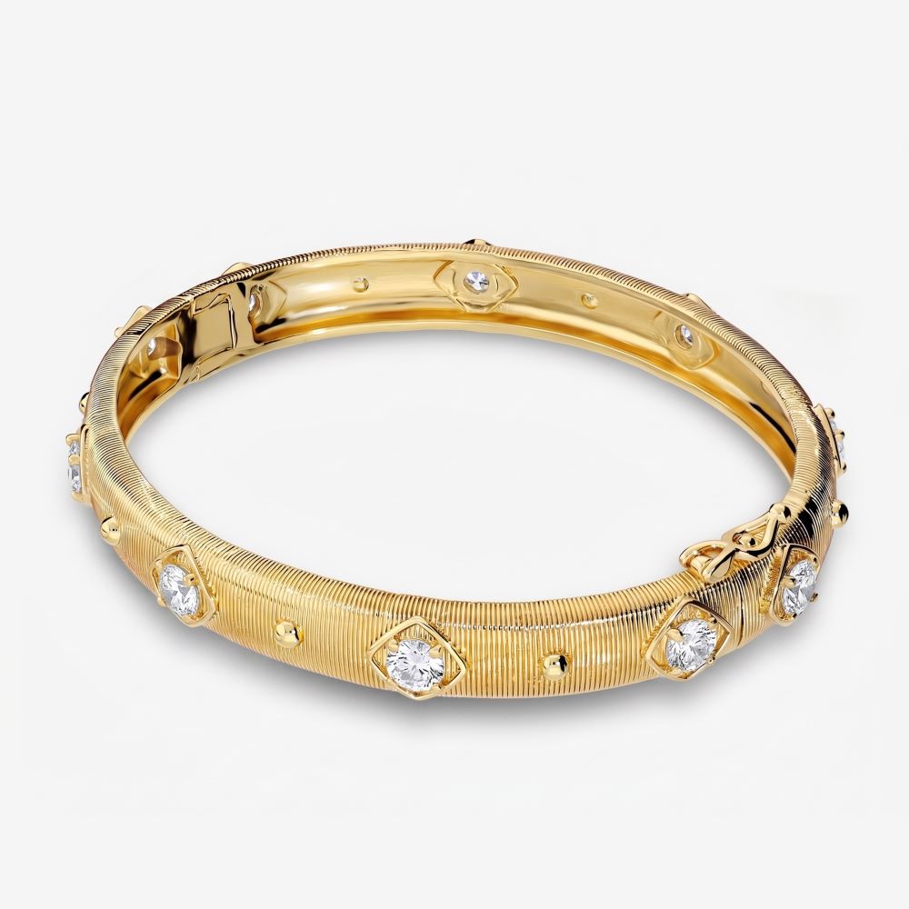 Italian Handmade Couture Texture Luxury Bangle With Stones, Yellow