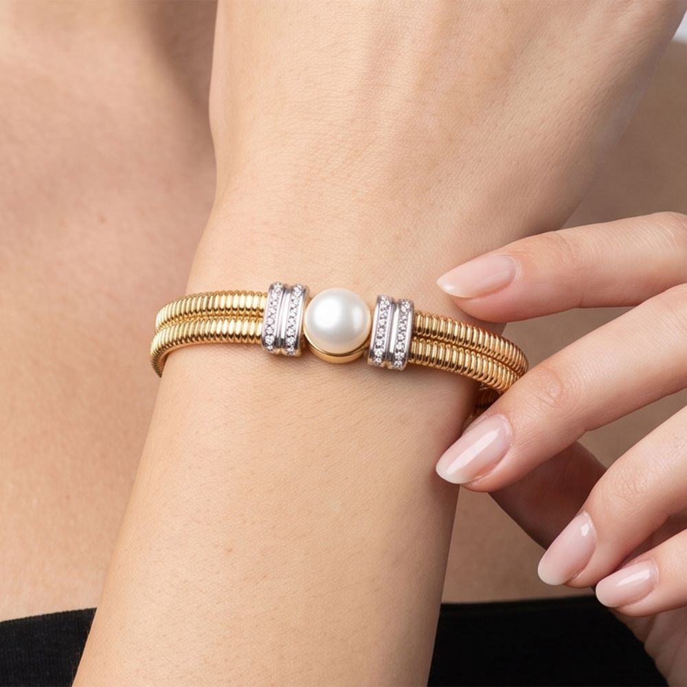 Italian Couture Inspired Cuff With Pearl, Two-Tone