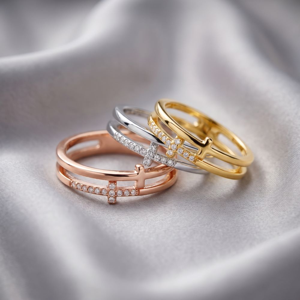 Italian Double Cross Pave And Polish Ring