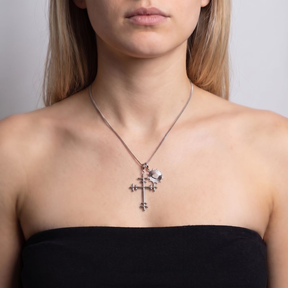 Italian Double Bar Cross And Heart Pendant Set