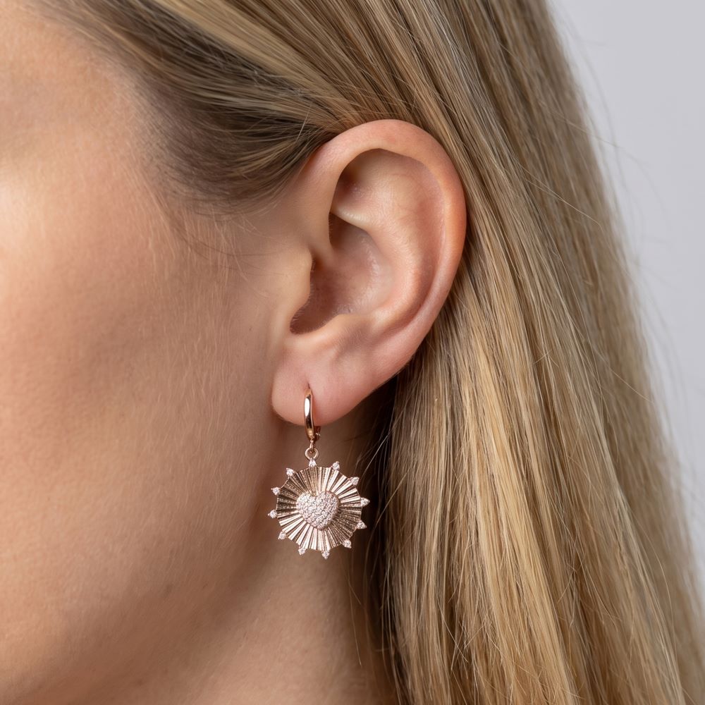 Italian Sunburst With Pave Heart Earrings