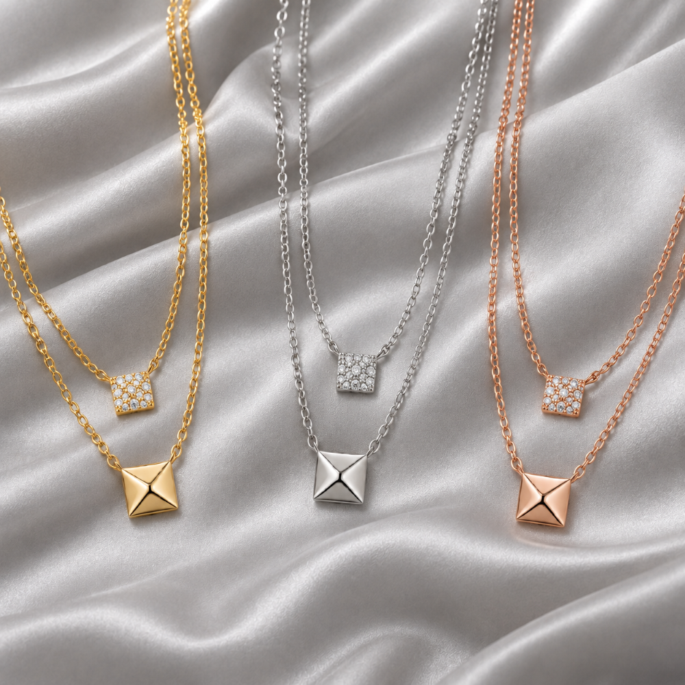 Italian Couture Inspired Pave' Double Strand Pyramid Necklace